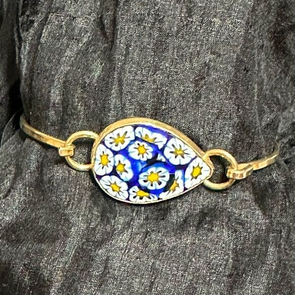 Blue Floral Mille Fiori Enamel and Gold tone Bracelet Bangle - Picture 1 of 13